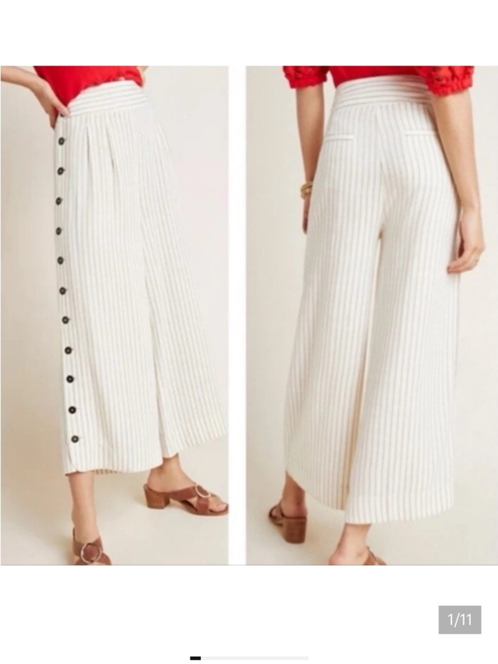 Anthropologie Cream Striped Wide-Leg Button-Trim Pants